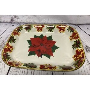 Vintage Plastic Holiday Christmas Platter With Poinsettia Rectangular